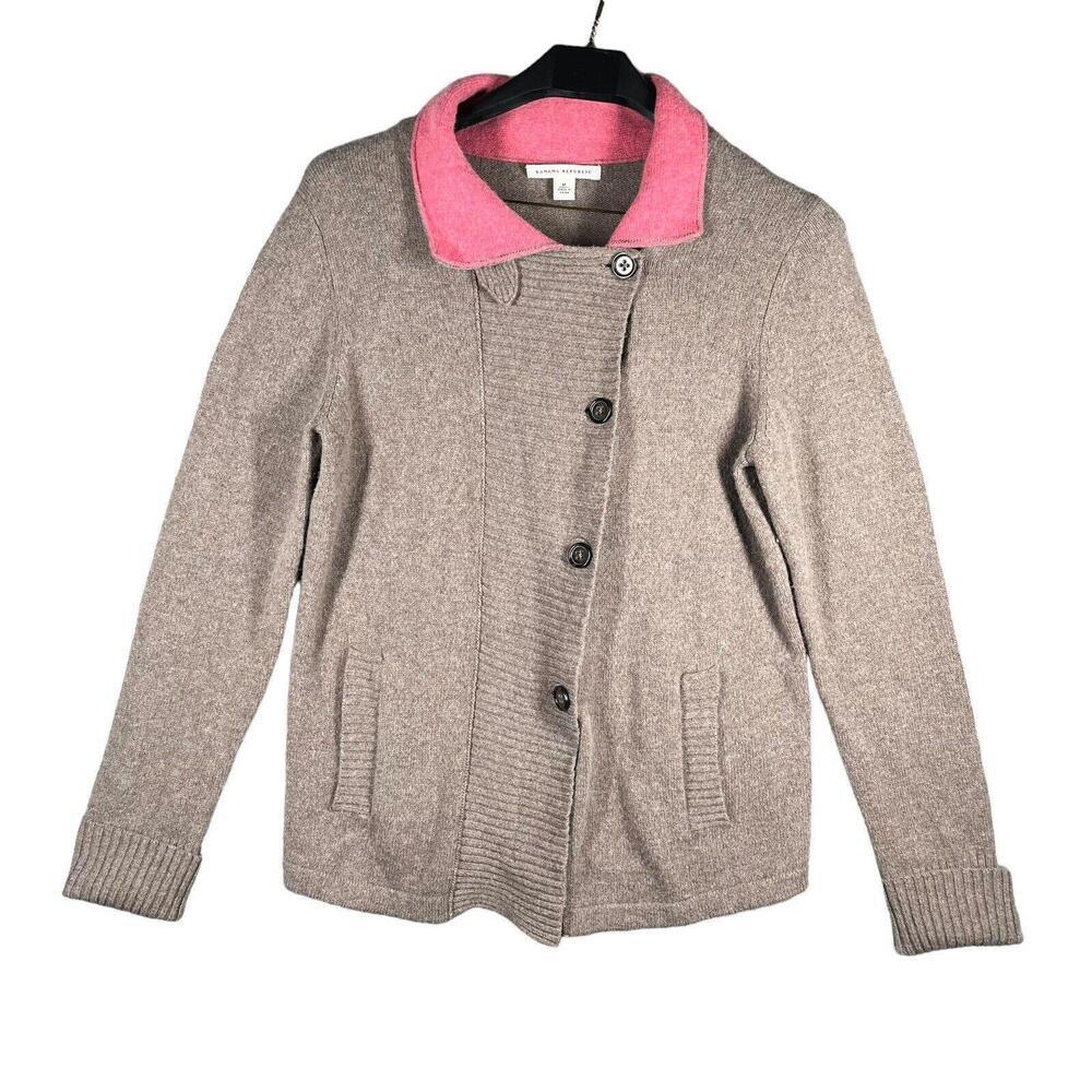 Banana Republic Wool Blend Cardigan Sweater Women Mocha Brown Pink Accent- M